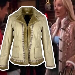 Phoebe Friends Eivissa Beige Faux Suede Fur‎ Trimmed Embroidered Womens M Jacket